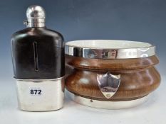 A LEATHER SHOULDERED GLASS HIP FLASK FITTED WITH AN ELECTROPLATE CUP TOGETHER WITH A WHITE CERAMIC