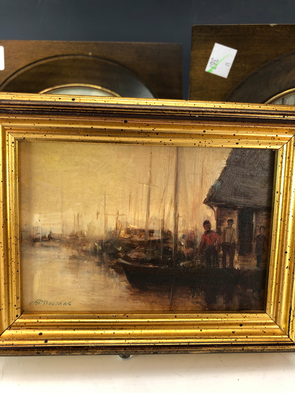 A PAIR OF OVAL LANDSCAPE MINIATURES IN OILS SIGNED VAN GAL TOGETHER WITH A YACHTING QUAY AT SUNSET - Image 2 of 6