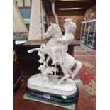 A PAIR OF WHITE PAINTED SPELTER EQUESTRIAN KNIGHTS IN ARMOUR AS TABLE LAMPS. H 60cms.