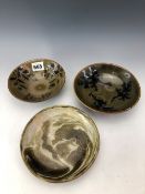 CHARLES VYSE (1882-1971), THREE SHALLOW BOWLS GLAZED IN THE HENAN TASTE, TWO WITH TREACLE LEAVES