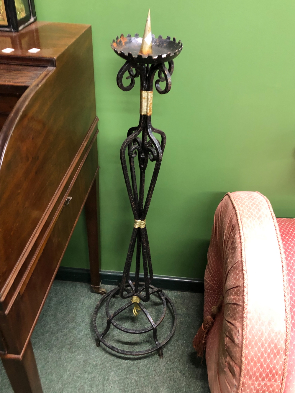 A PAIR OF FLOOR STANDING WROUGHT IRON PRICKET CANDLESTICKS ON STEPPED CIRCULAR FEET. H 113cms. - Image 2 of 2