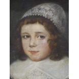 19th C. SCHOOL, PORTRAIT OF A STEWART PERIOD BOY WEARING A LACE CAP, OIL ON CANVAS, LABELLED ON