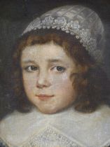19th C. SCHOOL, PORTRAIT OF A STEWART PERIOD BOY WEARING A LACE CAP, OIL ON CANVAS, LABELLED ON