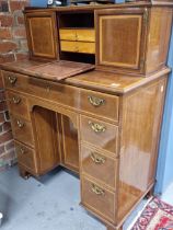 A 19th C. SATIN WOOD BANDED KNEE HOLE DESK WITH DRAWERS FLANKING THE KNEEHOLE CUPBOARD, THE TOP WITH