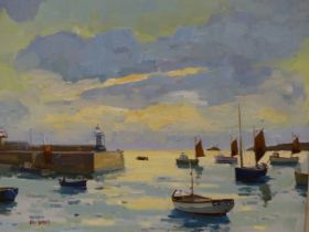 ERIC WARD (B. 1945), ARR. MORNING LIGHT SMEATONS PIER, ST IVES, OIL ON CANVAS, SIGNED LOWER RIGHT.