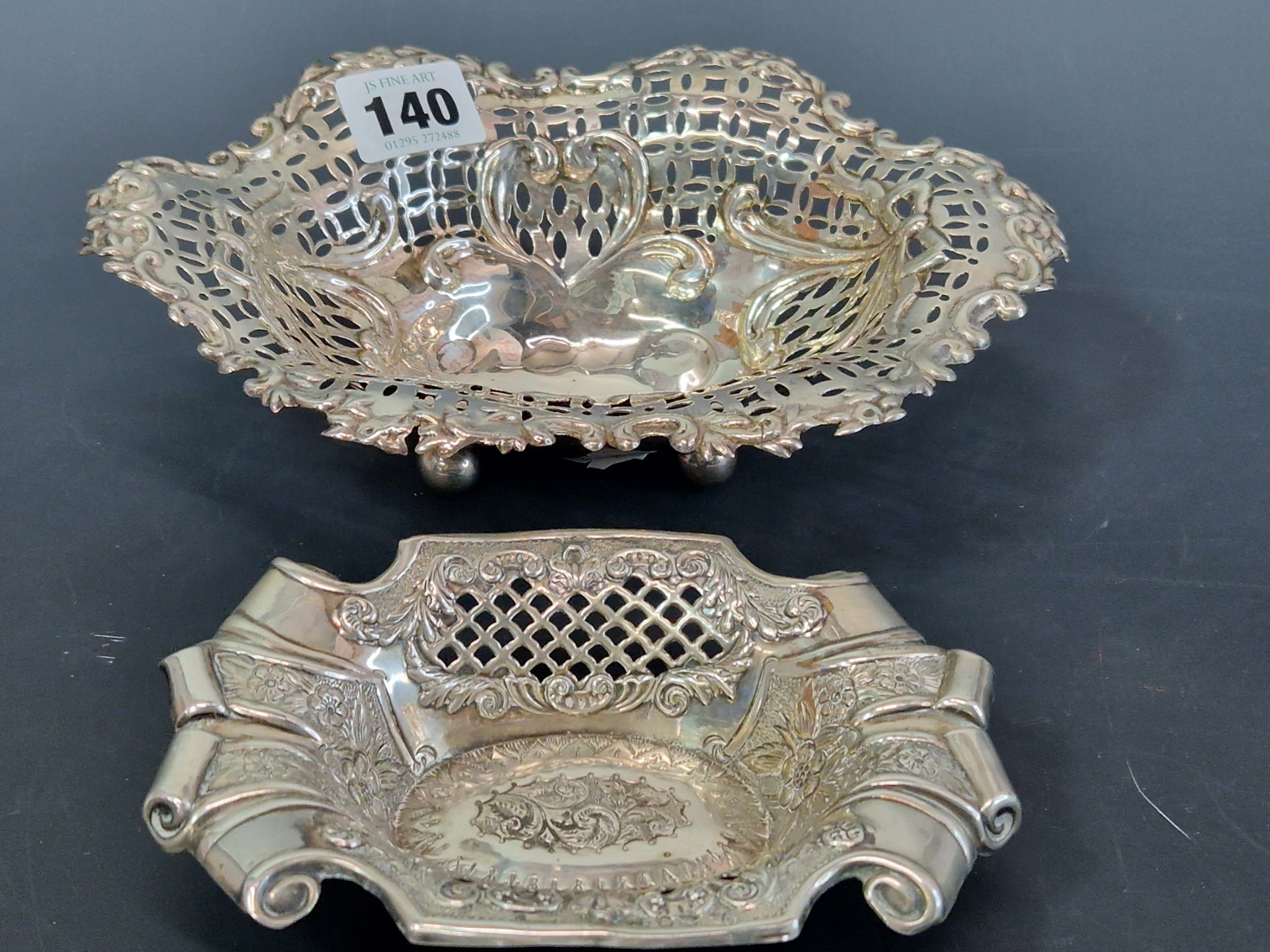 TWO HALLMARKED SILVER SWEET DISHES WITH FLORAL RIMS AND PIERCED SIDES, 207Gms. - Image 2 of 4