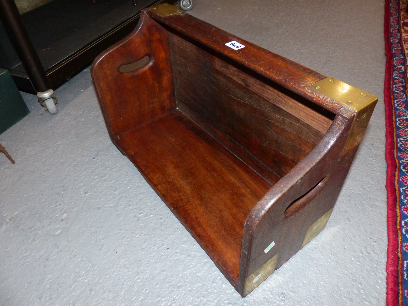 A BRASS BOUND TEAK BOOK CARRIER, THE NARROW SIDES PIERCED WITH HANDLES. W 53cms. - Image 2 of 5