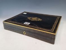 A BRASS LINE INLAID EBONY BOX WITH COMPARTMENTS ENCLOSED BY THE HINGED LID. W 30cms.