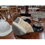 AN ELECTROPLATE ROSEBOWL TROPHY AND SPORTING CLOTHING: TO INCLUDE, BOOTS, TWO PAIRS OF GLOVES,