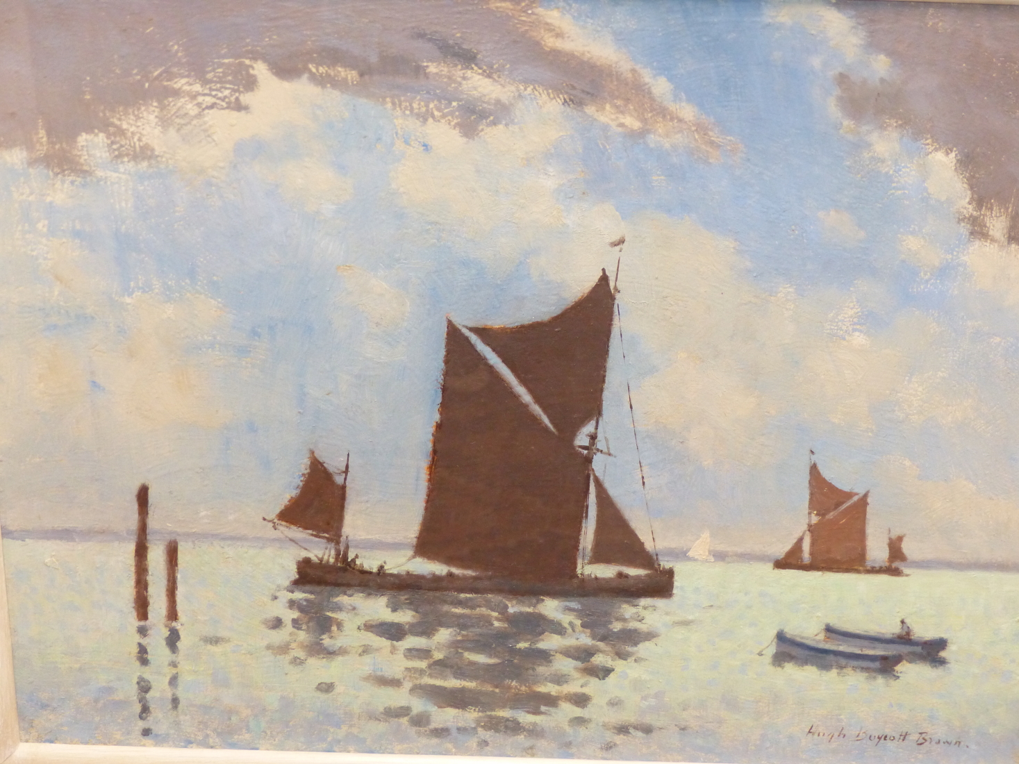 HUGH BOYCOTT BROWN (1909-90), ARR. SAILING SUFFOLK, OIL ON HARDBOARD, SIGNED LOWER RIGHT. 39.5 49.