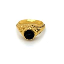 A MEDIEVAL ANCIENT GOLD RING WITH A BLUE / GREEN CENTRE STONE. THERE IS A INDISTINCT POSSIBLE MARK