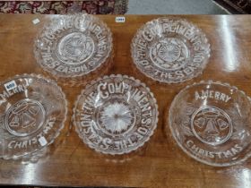 FIVE PRESSED CLEAR GLASS CHRISTMAS PLATES