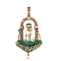 A EUROPEAN RENAISSANCE / BAROQUE DESIGN ENAMELLED AND JEWELED PENDANT DEPICTING ATLAS. THE PENDANT