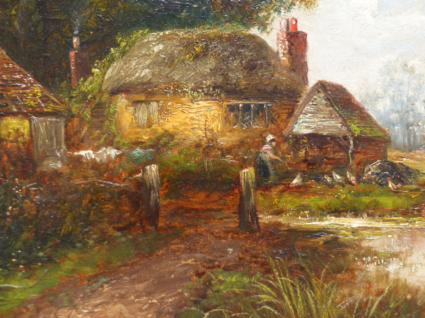 ATTRIBUTED TO JOSEPH THORS (1835-84), A LADY FEEDING HENS OUTSIDE COTTAGES BY A RIVER AND ANOTHER - Image 4 of 13
