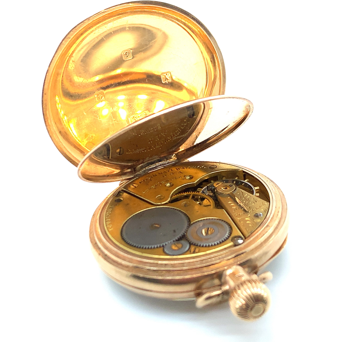 A 9ct HALLMARKED GOLD OPEN FACE ELGIN POCKET WATCH. THE INNER CASE DATED 1922, BIRMINGHAM, A.L.D, - Image 9 of 9