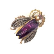AN ANTIQUE DIAMOND AND GEMSET INSECT BROOCH. THE INSECT BODY WITH TWO ELONGATED AMETHYST