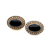 A PAIR OF ANTIQUE OVAL BULLS EYE AGATE AND SEED PEARL BORDER EARRINGS. THE EARRINGS UNHALLMARKED,