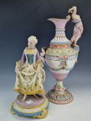 A 19th C. BISQUE PORCELAIN BALUSTER EWER WITH CARYATID HANDLE. H 37cms. TOGETHER WITH A BISQUE