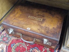 A HARRODS LEATHER SUITCASE WITH SILVER MOUNTED FITTINGS, LONDON 1866