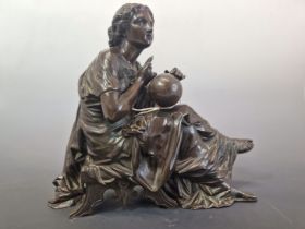 A 19th C. BRONZE FIGURE OF A CLASSICAL LADY SEATED HOLDING CALIPERS OVER A TERRESTRIAL GLOBE. W