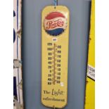 A YELLOW GROUND ENAMEL PEPSI-COLA, THE LIGHT REFRESHMENT FRAMED ALCOHOL THERMOMETER. 68 x 18cms.