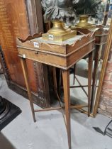 A PAIR OF 19th C. MAHOGANY TABLES, EACH WITH A WAVY GALLERY TOP OVER A CANDLE SLIDE AND THE TAPERING