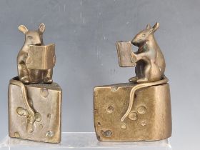 A PAIR OF BRONZED MOUSE ON CHEESE BLOCK BOOK ENDS.