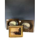 A PAIR OF OVAL LANDSCAPE MINIATURES IN OILS SIGNED VAN GAL TOGETHER WITH A YACHTING QUAY AT SUNSET