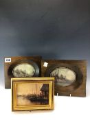 A PAIR OF OVAL LANDSCAPE MINIATURES IN OILS SIGNED VAN GAL TOGETHER WITH A YACHTING QUAY AT SUNSET