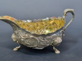 A SILVER TRIFID SAUCE BOAT WITH TWO SETS OF HALL MARKS, 200Gms.