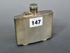 A SILVER HIP FLASK BY BURTON CROSBEE, BIRMINGHAM 1938, THE SIDES ENGINE TURNED, 187Gms.