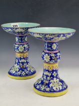 A PAIR OF 19th C. CHINESE BLUE GROUND GU SHAPED ALTAR VASES PAINTED WITH BANDS OF SCROLLING LOTUS,