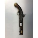 A TOWER ARMORY PERCUSSION CAP PISTOL WITH A BRASS TRIGGER GUARD, AN IRON RAMROD HINGED BELOW THE