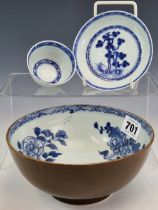 NANKING CARGO: A BATAVIAN BOWL WITH BLUE AND WHITE FLOWER PAINTED INTERIOR. Dia. 16.5cms. TOGETHER