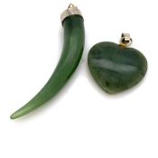 TWO NEPHRITE JADE PENDANTS, A HORN OF PLENTY AND A HEART SHAPE DROP.