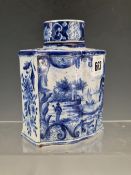 A LATE 19th/EARLY 20th C. DELFT BLUE AND WHITE TEA CADDY PAINTED WITH FLOWERS AND WITH A COASTAL