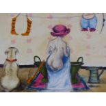 J WOODWARD, ARR. BATH TIME WITH THE DOGS, THREE WATERCOLOURS, SIGNED AND DATED 1982. 17 x 24cms.