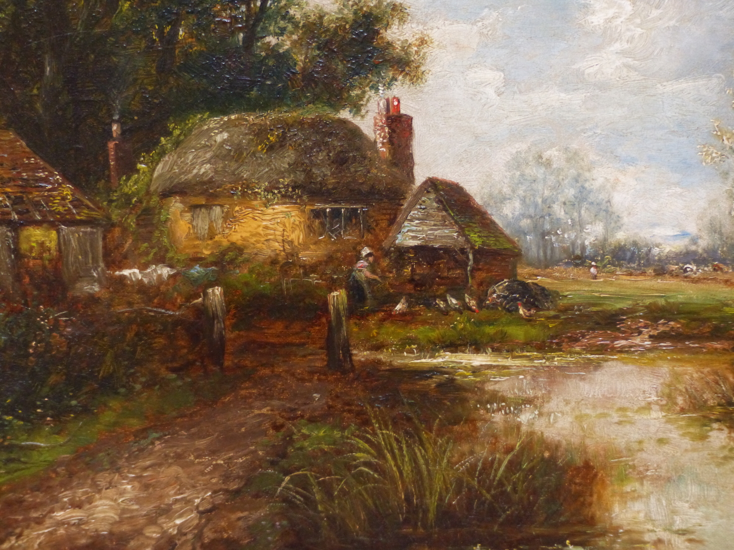 ATTRIBUTED TO JOSEPH THORS (1835-84), A LADY FEEDING HENS OUTSIDE COTTAGES BY A RIVER AND ANOTHER - Image 5 of 13