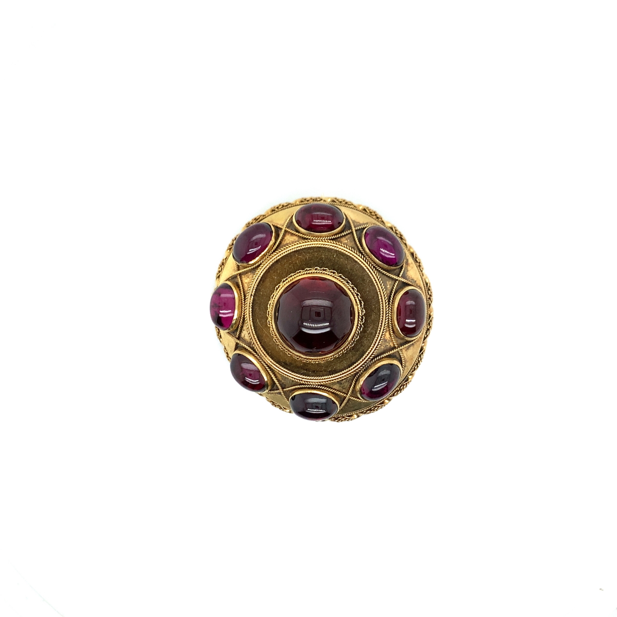 AN ANTIQUE CABOCHON SET ETRUSCAN STYLE GARNET BROOCH. THE EIGHT OUTER GARNETS WITH SNAKE LINK - Image 2 of 4