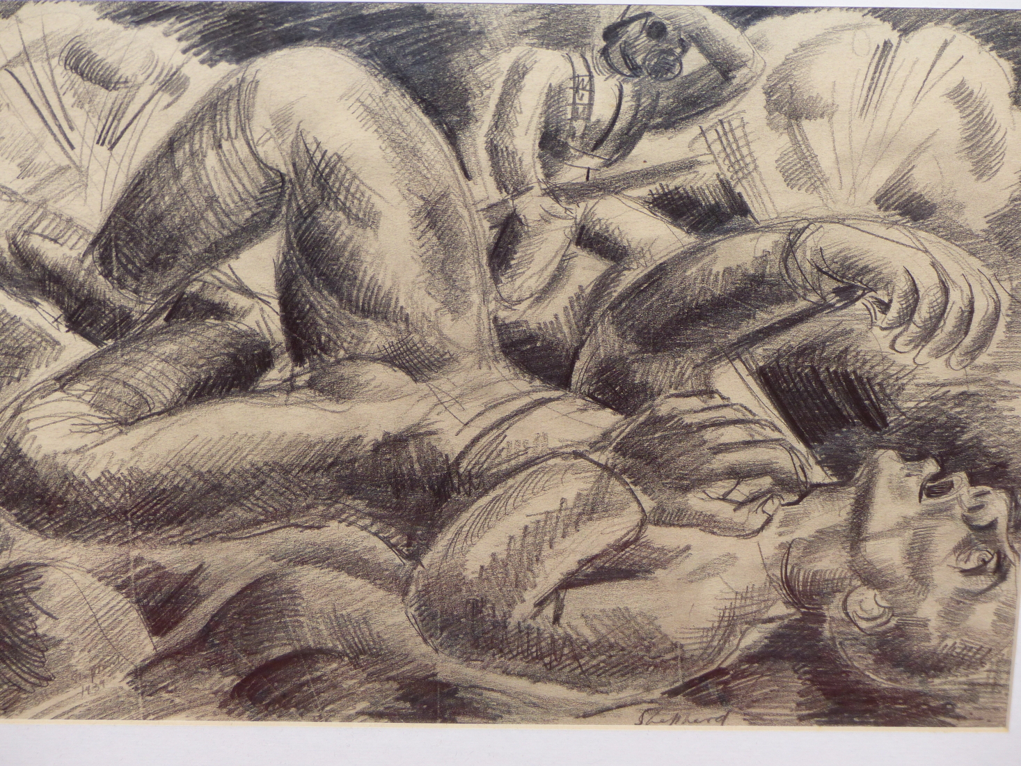SIDNEY HORNE SHEPHERD (1909-93), A FALLEN WWII SOLDIER DURING A CHARGE, PENCIL, SIGNED TWICE AND