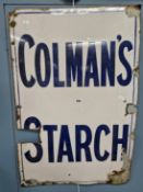 A WHITE GROUND ENAMEL SIGN WITH BLUE SCRIPT FOR COLMANS STARCH. 92 x 61cms.