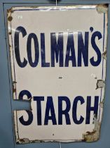 A WHITE GROUND ENAMEL SIGN WITH BLUE SCRIPT FOR COLMANS STARCH. 92 x 61cms.