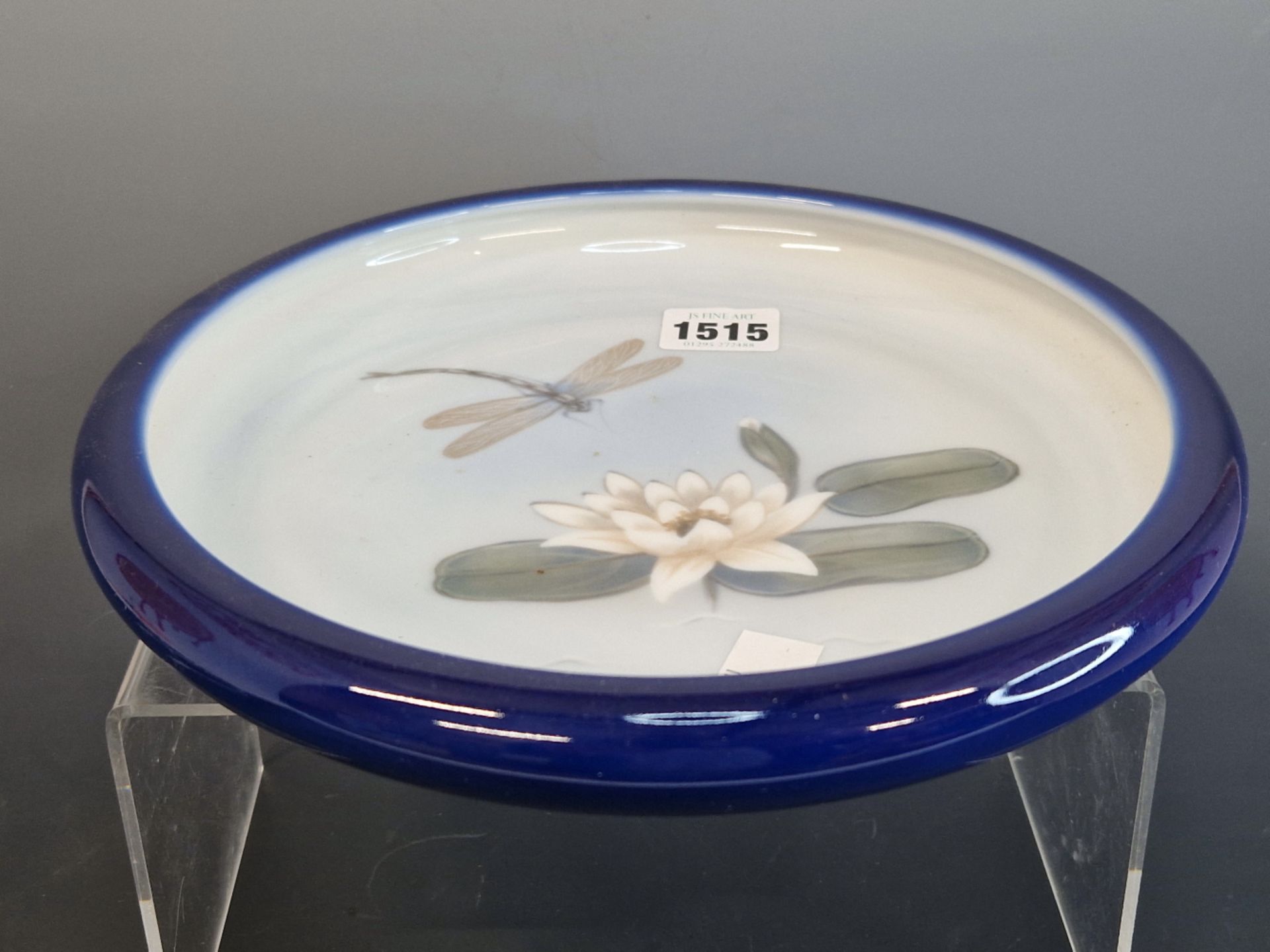 A COPENHAGEN SHALLOW BOWL DECORATED WITH A DRAGON FLY ABOUT TO LAND ON A WATER LILY. Dia. 24cms. - Image 3 of 5