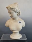 A PARRIAN WARE BUST OF A YOUNG LADY ON A SOCLE BASE. 28 cm HIGH.