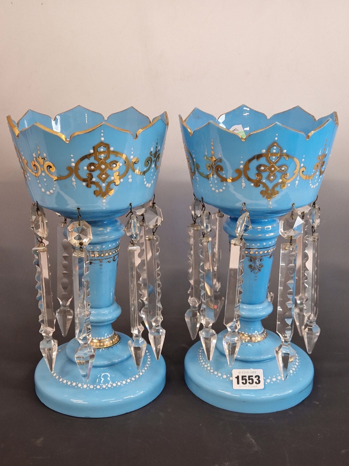 A PAIR OF LATE 19th C. BOHEMIAN SKY BLUE GLASS LUSTRES, THE CROWN TOPS GILT WITH SCROLL BANDS ABOVE - Image 2 of 5