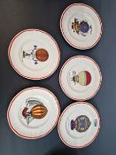 A SET OF FIVE LONGCHAMPS POTTERY BALLOONING PLATES TOGETHER WITH FOUR CELEBRATING WINES. Dia. 16cms.