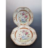 A PAIR OF 18th C. CHINESE FAMILLE ROSE FLORAL OCTAGONAL SOUP PLATES