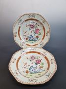 A PAIR OF 18th C. CHINESE FAMILLE ROSE FLORAL OCTAGONAL SOUP PLATES