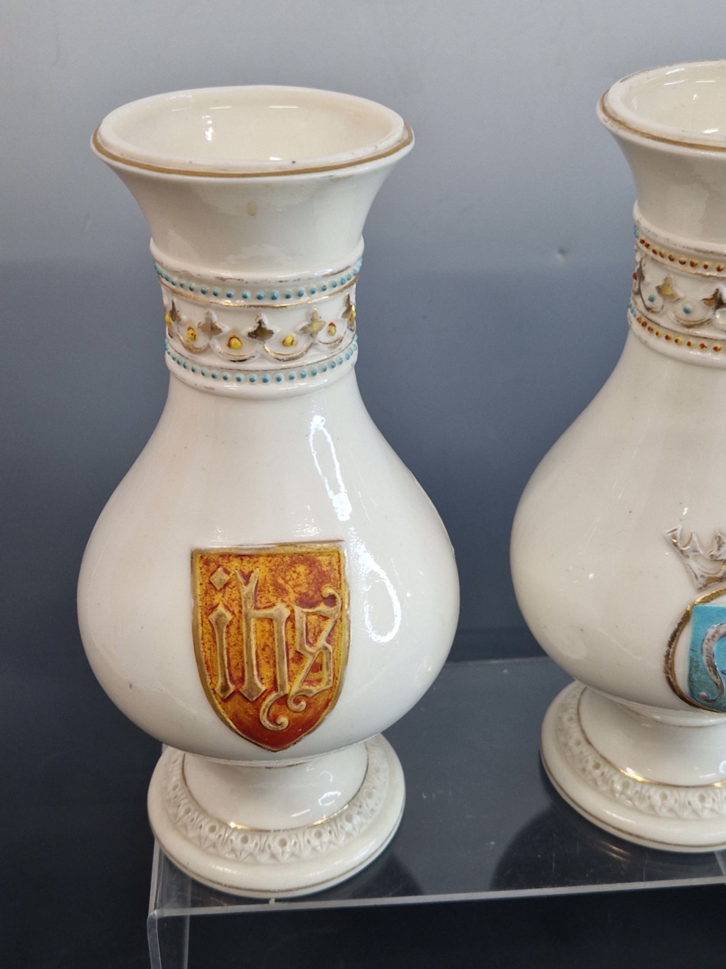 ATTRIBUTED TO A DESIGN BY A W N PUGIN, A PAIR OF GLAZED PARIAN BALUSTER ALTAR VASES. H 21cms. - Image 6 of 13