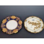 A COPELAND IMARI PALETTE PLATE TOGETHER WITH A CROWN DERBY PLATE GILT WITH A BRANCH OF BLOSSOM,